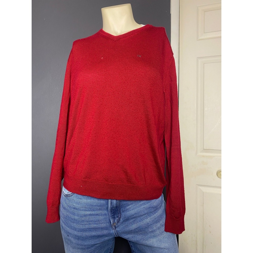 Calvin Klein Red Merino Wool Sweater Mens Medium V Neck‎